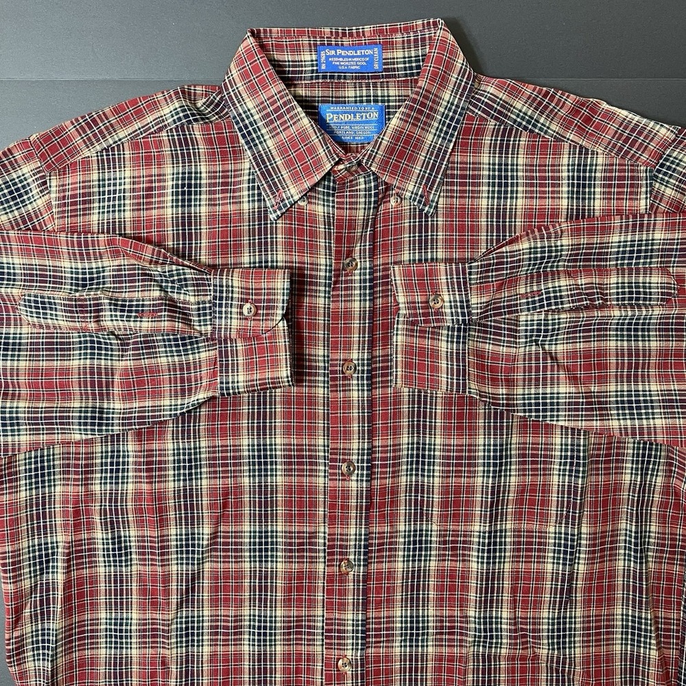 Vintage SIR PENDLETON Button Down Shirt Mens L 100% Virgin Wool Plaid Red Preppy